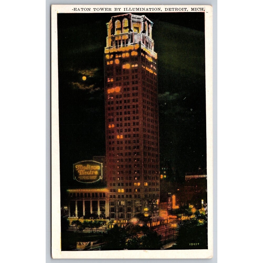 Postcard Michigan Detroit Eaton Tower by Illumination Moonlight Madison Theatre